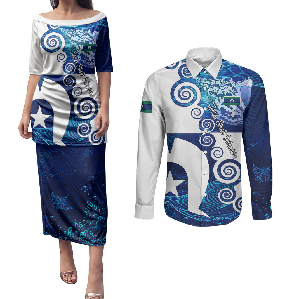 Torres Strait Islanders Nautical Compass Sea Life Couples Matching Puletasi and Long Sleeve Button Shirt Indigenous Traditional Flag Pattern Tribal Marine Art