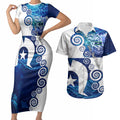 Torres Strait Islanders Nautical Compass Sea Life Couples Matching Short Sleeve Bodycon Dress and Hawaiian Shirt Indigenous Traditional Flag Pattern Tribal Marine Art