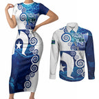 Torres Strait Islanders Nautical Compass Sea Life Couples Matching Short Sleeve Bodycon Dress and Long Sleeve Button Shirt Indigenous Traditional Flag Pattern Tribal Marine Art