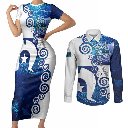 Torres Strait Islanders Nautical Compass Sea Life Couples Matching Short Sleeve Bodycon Dress and Long Sleeve Button Shirt Indigenous Traditional Flag Pattern Tribal Marine Art