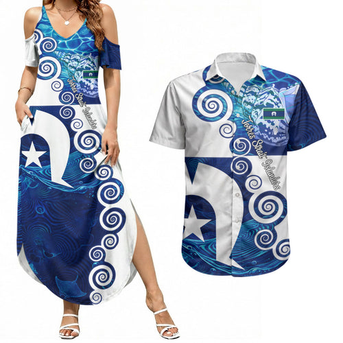 Torres Strait Islanders Nautical Compass Sea Life Couples Matching Summer Maxi Dress and Hawaiian Shirt Indigenous Traditional Flag Pattern Tribal Marine Art
