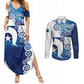 Torres Strait Islanders Nautical Compass Sea Life Couples Matching Summer Maxi Dress and Long Sleeve Button Shirt Indigenous Traditional Flag Pattern Tribal Marine Art