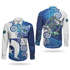 Torres Strait Islanders Nautical Compass Sea Life Couples Matching Summer Maxi Dress and Long Sleeve Button Shirt Indigenous Traditional Flag Pattern Tribal Marine Art
