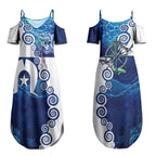 Torres Strait Islanders Nautical Compass Sea Life Couples Matching Summer Maxi Dress and Long Sleeve Button Shirt Indigenous Traditional Flag Pattern Tribal Marine Art