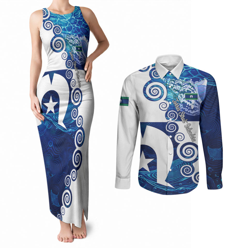 Torres Strait Islanders Nautical Compass Sea Life Couples Matching Tank Maxi Dress and Long Sleeve Button Shirt Indigenous Traditional Flag Pattern Tribal Marine Art