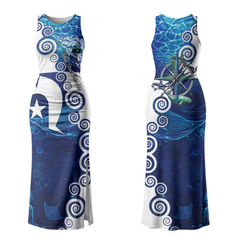 Torres Strait Islanders Nautical Compass Sea Life Couples Matching Tank Maxi Dress and Long Sleeve Button Shirt Indigenous Traditional Flag Pattern Tribal Marine Art