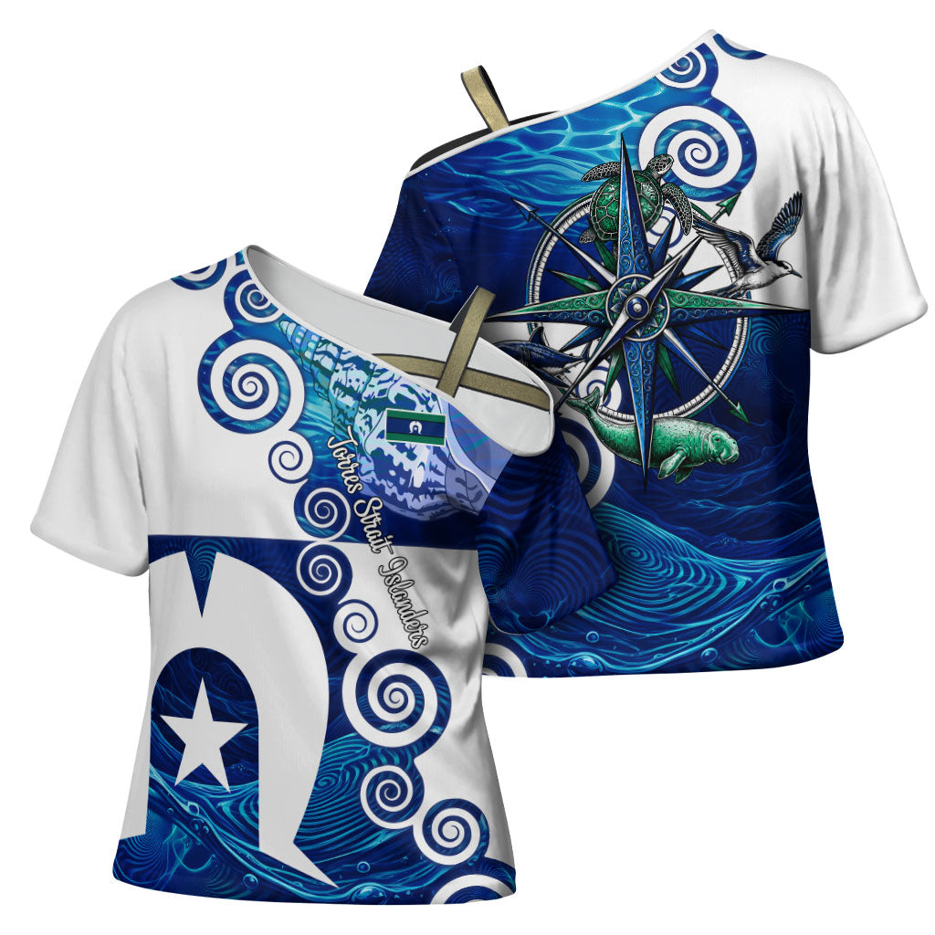 Torres Strait Islanders Nautical Compass Sea Life Cross Shoulder Shirt Indigenous Traditional Flag Pattern Tribal Marine Art