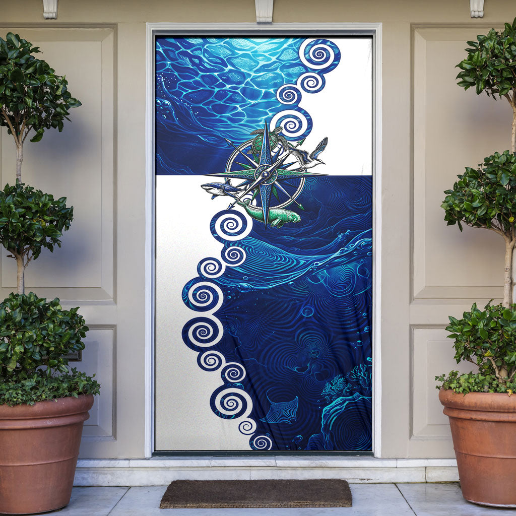 Torres Strait Islanders Nautical Compass Sea Life Door Cover Indigenous Traditional Flag Pattern Tribal Marine Art