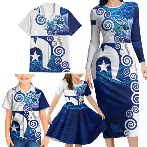Torres Strait Islanders Nautical Compass Sea Life Family Matching Long Sleeve Bodycon Dress and Hawaiian Shirt Indigenous Traditional Flag Pattern Tribal Marine Art