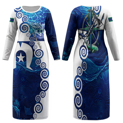 Torres Strait Islanders Nautical Compass Sea Life Family Matching Long Sleeve Bodycon Dress and Hawaiian Shirt Indigenous Traditional Flag Pattern Tribal Marine Art