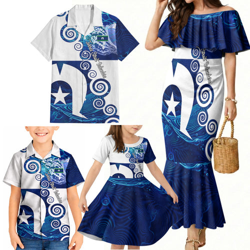 Torres Strait Islanders Nautical Compass Sea Life Family Matching Mermaid Dress and Hawaiian Shirt Indigenous Traditional Flag Pattern Tribal Marine Art