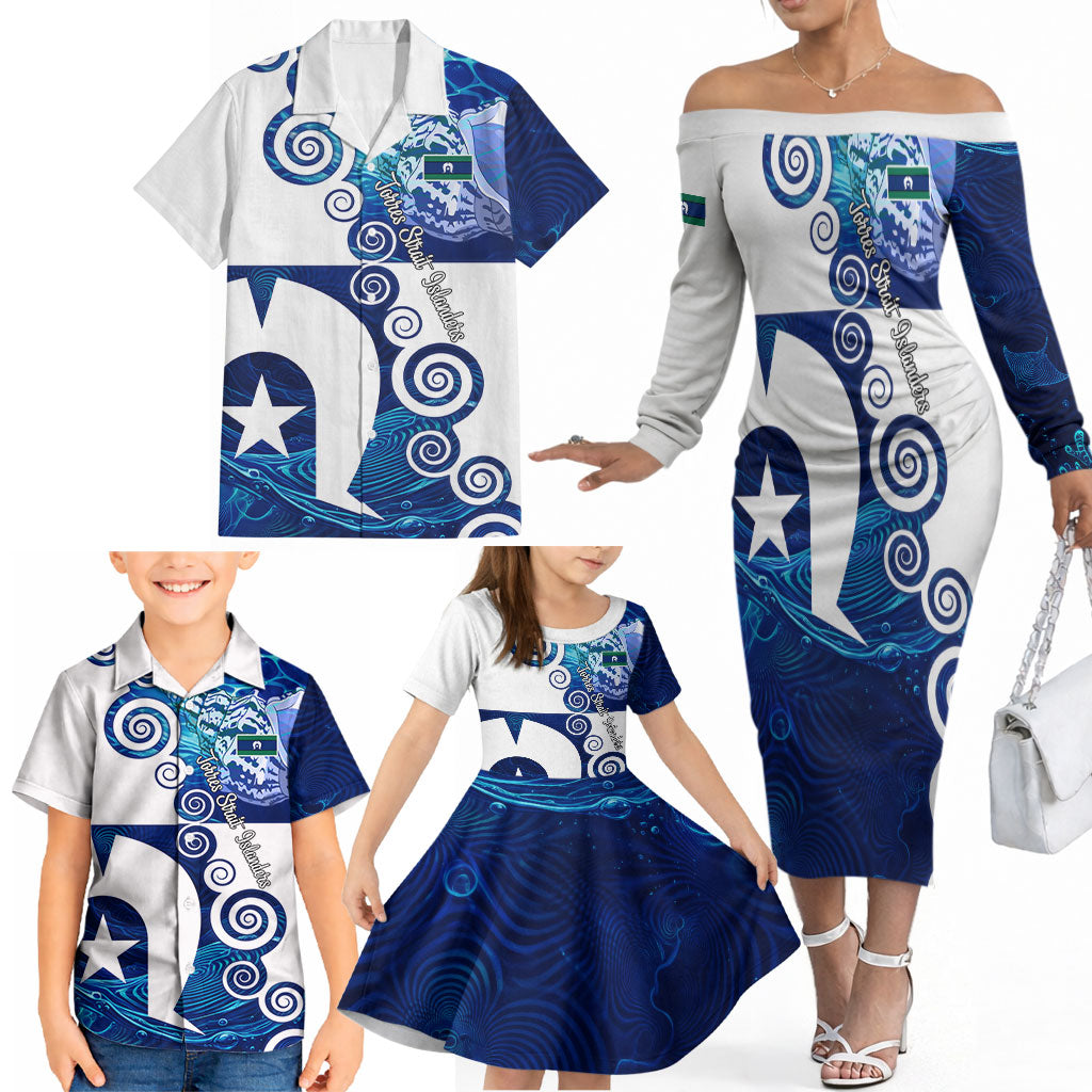 Torres Strait Islanders Nautical Compass Sea Life Family Matching Off The Shoulder Long Sleeve Dress and Hawaiian Shirt Indigenous Traditional Flag Pattern Tribal Marine Art
