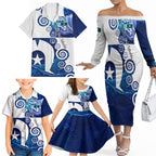 Torres Strait Islanders Nautical Compass Sea Life Family Matching Off The Shoulder Long Sleeve Dress and Hawaiian Shirt Indigenous Traditional Flag Pattern Tribal Marine Art