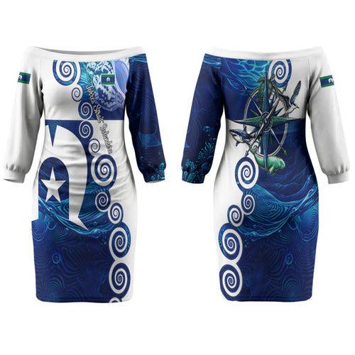 Torres Strait Islanders Nautical Compass Sea Life Family Matching Off The Shoulder Long Sleeve Dress and Hawaiian Shirt Indigenous Traditional Flag Pattern Tribal Marine Art