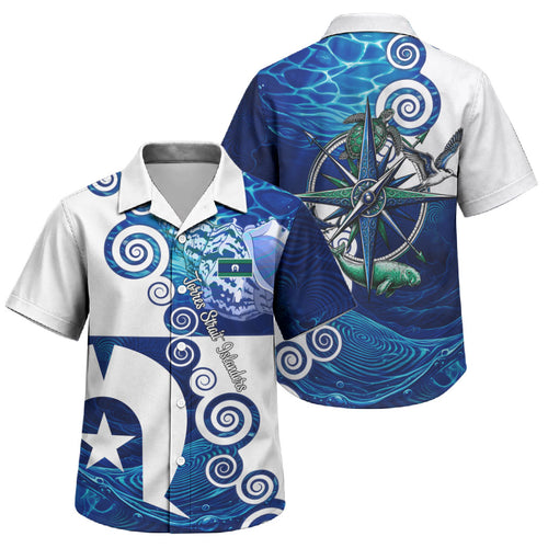Torres Strait Islanders Nautical Compass Sea Life Family Matching Off The Shoulder Long Sleeve Dress and Hawaiian Shirt Indigenous Traditional Flag Pattern Tribal Marine Art