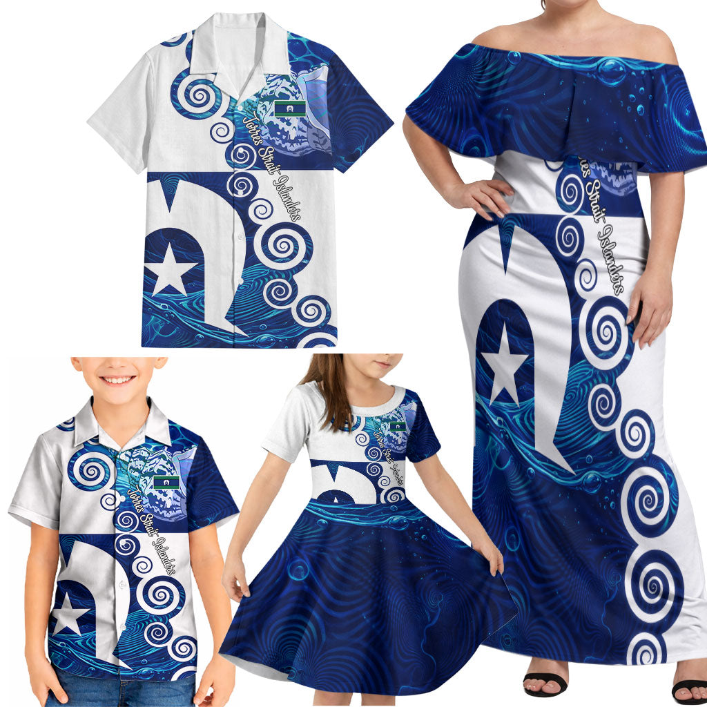 Torres Strait Islanders Nautical Compass Sea Life Family Matching Off Shoulder Maxi Dress and Hawaiian Shirt Indigenous Traditional Flag Pattern Tribal Marine Art