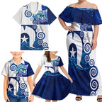 Torres Strait Islanders Nautical Compass Sea Life Family Matching Off Shoulder Maxi Dress and Hawaiian Shirt Indigenous Traditional Flag Pattern Tribal Marine Art