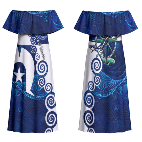 Torres Strait Islanders Nautical Compass Sea Life Family Matching Off Shoulder Maxi Dress and Hawaiian Shirt Indigenous Traditional Flag Pattern Tribal Marine Art