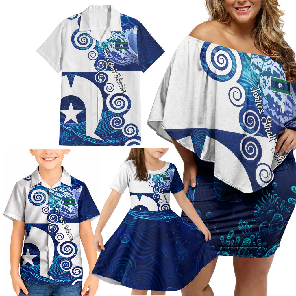 Torres Strait Islanders Nautical Compass Sea Life Family Matching Off Shoulder Short Dress and Hawaiian Shirt Indigenous Traditional Flag Pattern Tribal Marine Art