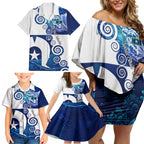 Torres Strait Islanders Nautical Compass Sea Life Family Matching Off Shoulder Short Dress and Hawaiian Shirt Indigenous Traditional Flag Pattern Tribal Marine Art