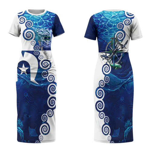 Torres Strait Islanders Nautical Compass Sea Life Family Matching Short Sleeve Bodycon Dress and Hawaiian Shirt Indigenous Traditional Flag Pattern Tribal Marine Art