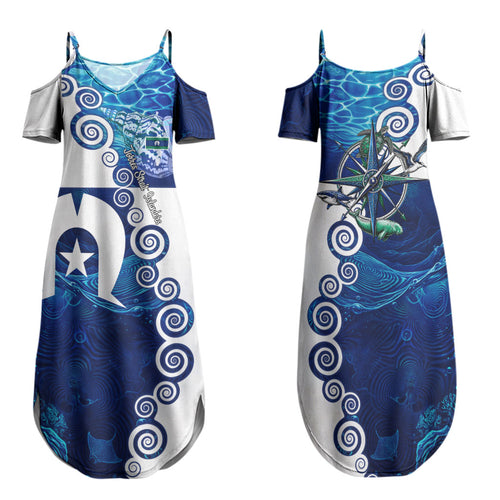 Torres Strait Islanders Nautical Compass Sea Life Family Matching Summer Maxi Dress and Hawaiian Shirt Indigenous Traditional Flag Pattern Tribal Marine Art