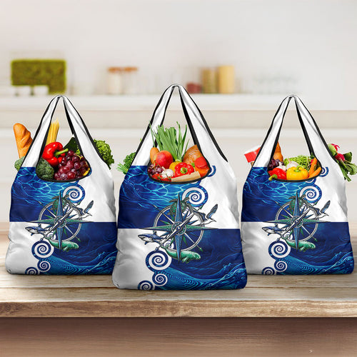Torres Strait Islanders Nautical Compass Sea Life Grocery Bag Indigenous Traditional Flag Pattern Tribal Marine Art