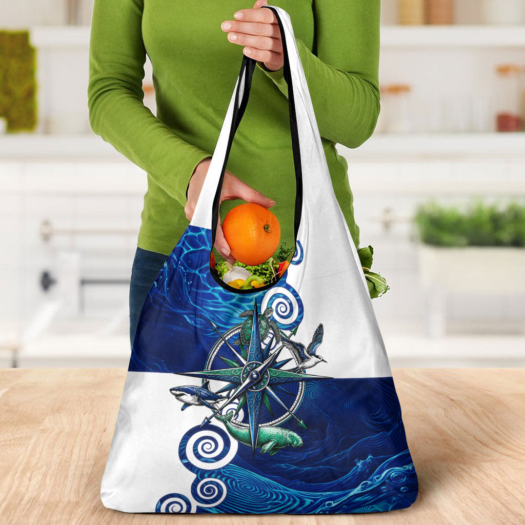 Torres Strait Islanders Nautical Compass Sea Life Grocery Bag Indigenous Traditional Flag Pattern Tribal Marine Art