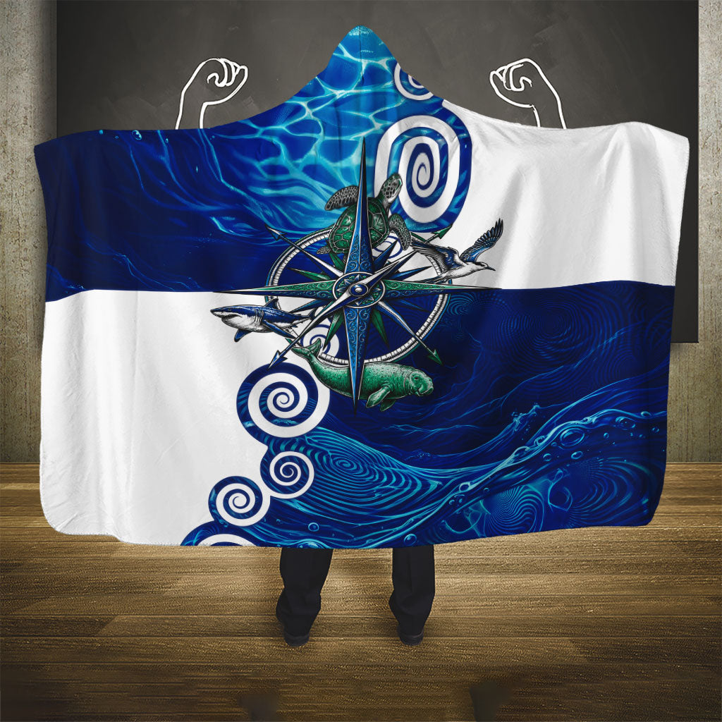 Torres Strait Islanders Nautical Compass Sea Life Hooded Blanket Indigenous Traditional Flag Pattern Tribal Marine Art