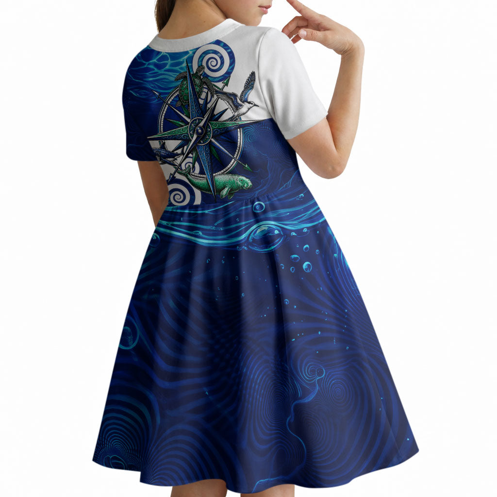 Torres Strait Islanders Nautical Compass Sea Life Kid Short Sleeve Dress Indigenous Traditional Flag Pattern Tribal Marine Art