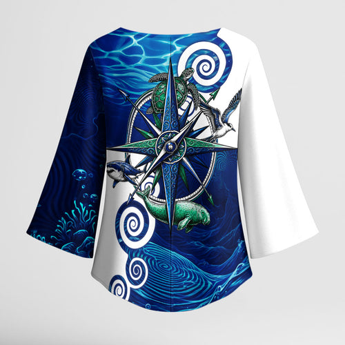 Torres Strait Islanders Nautical Compass Sea Life Kimono Sleeve Blouse Indigenous Traditional Flag Pattern Tribal Marine Art