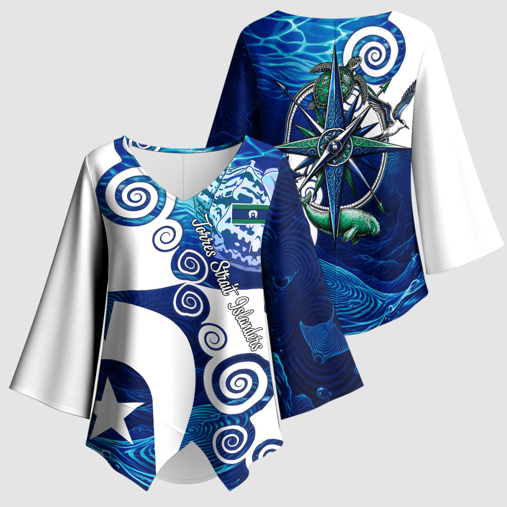 Torres Strait Islanders Nautical Compass Sea Life Kimono Sleeve Blouse Indigenous Traditional Flag Pattern Tribal Marine Art