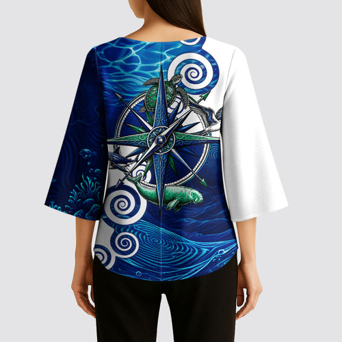Torres Strait Islanders Nautical Compass Sea Life Kimono Sleeve Blouse Indigenous Traditional Flag Pattern Tribal Marine Art