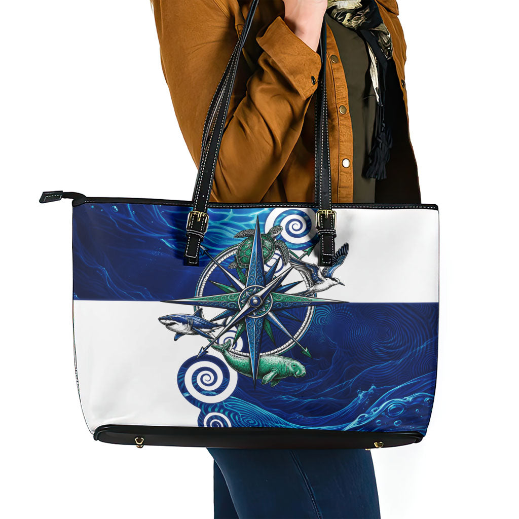 Torres Strait Islanders Nautical Compass Sea Life Leather Tote Bag Indigenous Traditional Flag Pattern Tribal Marine Art