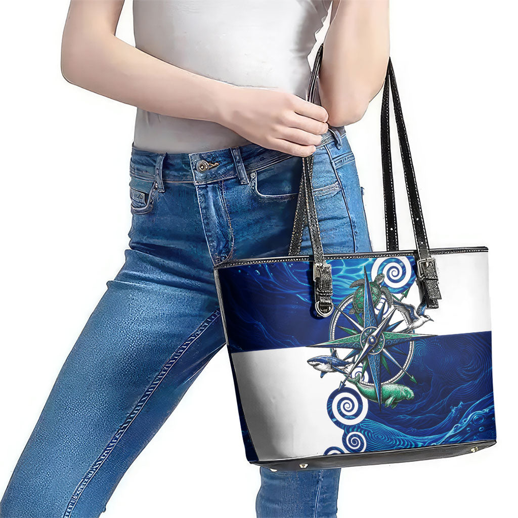 Torres Strait Islanders Nautical Compass Sea Life Leather Tote Bag Indigenous Traditional Flag Pattern Tribal Marine Art