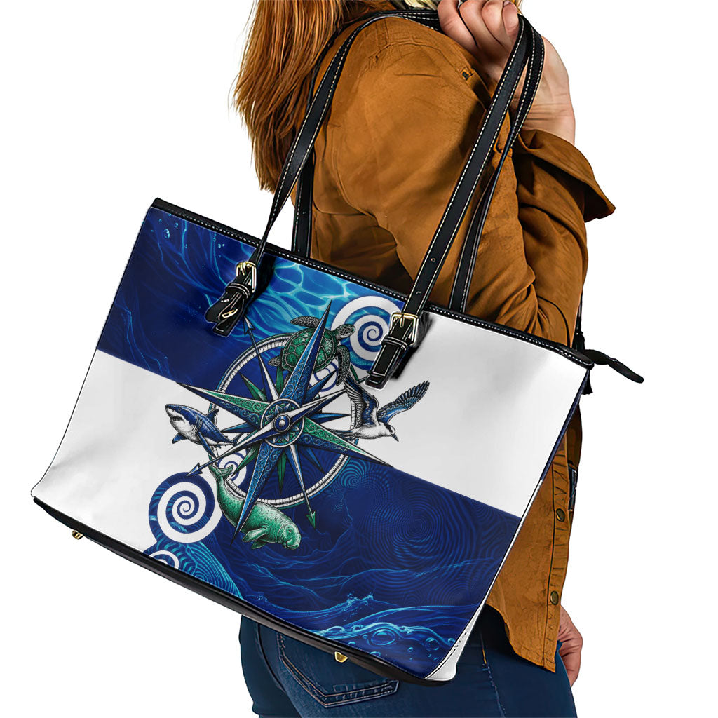 Torres Strait Islanders Nautical Compass Sea Life Leather Tote Bag Indigenous Traditional Flag Pattern Tribal Marine Art