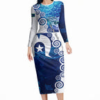 Torres Strait Islanders Nautical Compass Sea Life Long Sleeve Bodycon Dress Indigenous Traditional Flag Pattern Tribal Marine Art