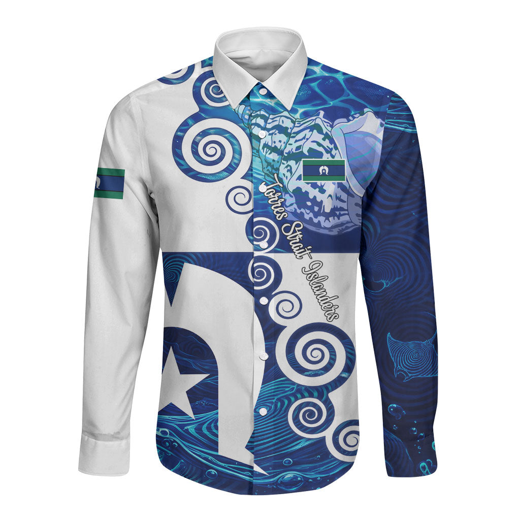 Torres Strait Islanders Nautical Compass Sea Life Long Sleeve Button Shirt Indigenous Traditional Flag Pattern Tribal Marine Art