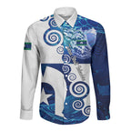 Torres Strait Islanders Nautical Compass Sea Life Long Sleeve Button Shirt Indigenous Traditional Flag Pattern Tribal Marine Art