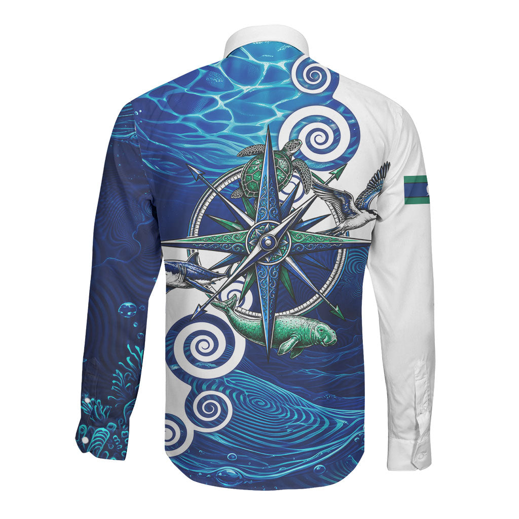 Torres Strait Islanders Nautical Compass Sea Life Long Sleeve Button Shirt Indigenous Traditional Flag Pattern Tribal Marine Art