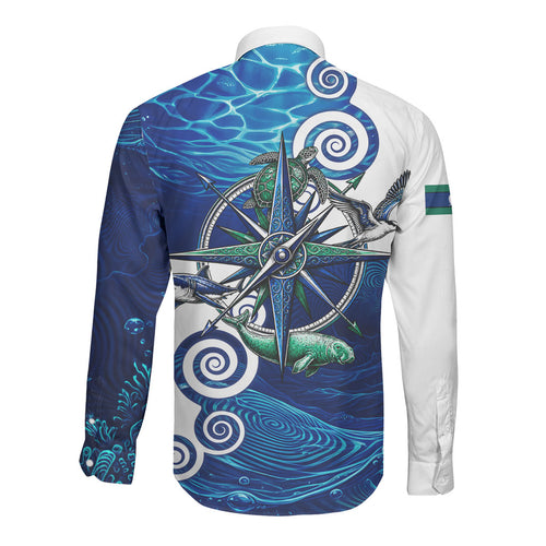 Torres Strait Islanders Nautical Compass Sea Life Long Sleeve Button Shirt Indigenous Traditional Flag Pattern Tribal Marine Art