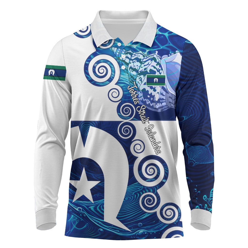 Torres Strait Islanders Nautical Compass Sea Life Long Sleeve Polo Shirt Indigenous Traditional Flag Pattern Tribal Marine Art