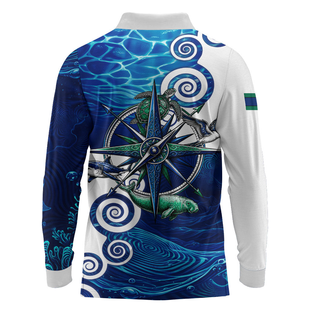 Torres Strait Islanders Nautical Compass Sea Life Long Sleeve Polo Shirt Indigenous Traditional Flag Pattern Tribal Marine Art