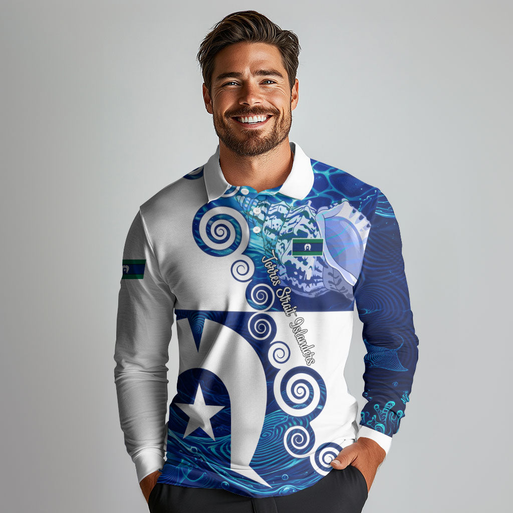 Torres Strait Islanders Nautical Compass Sea Life Long Sleeve Polo Shirt Indigenous Traditional Flag Pattern Tribal Marine Art
