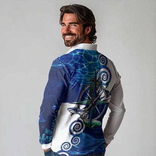 Torres Strait Islanders Nautical Compass Sea Life Long Sleeve Polo Shirt Indigenous Traditional Flag Pattern Tribal Marine Art