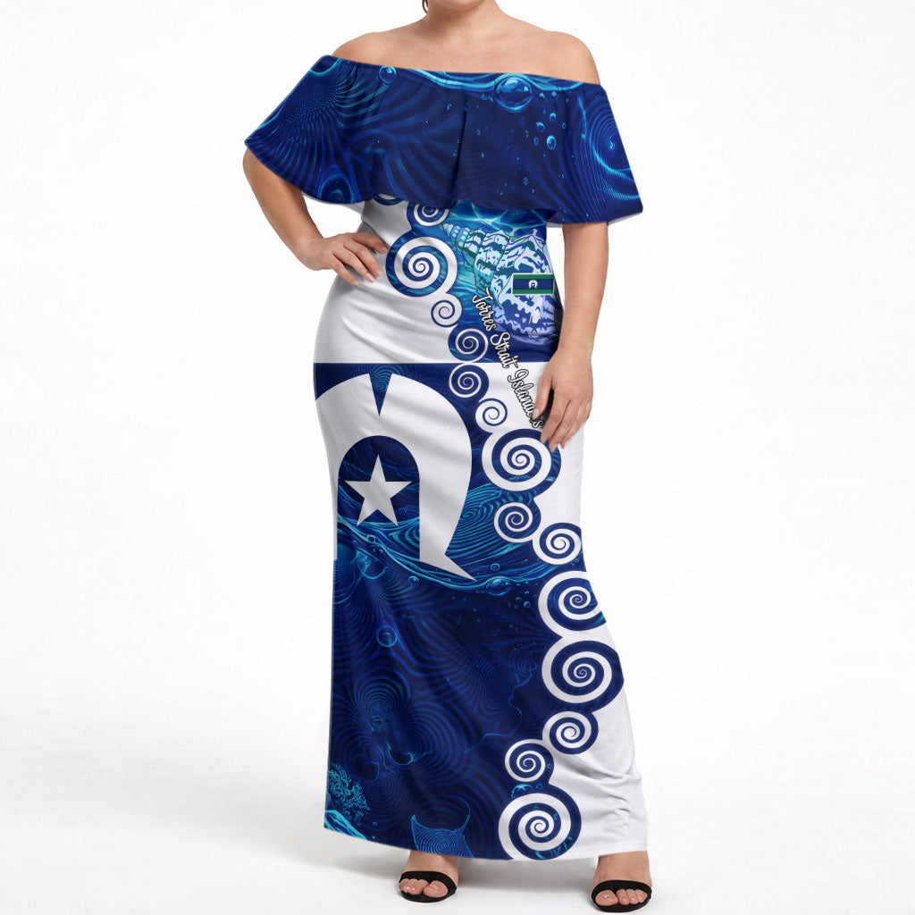 Torres Strait Islanders Nautical Compass Sea Life Off Shoulder Maxi Dress Indigenous Traditional Flag Pattern Tribal Marine Art