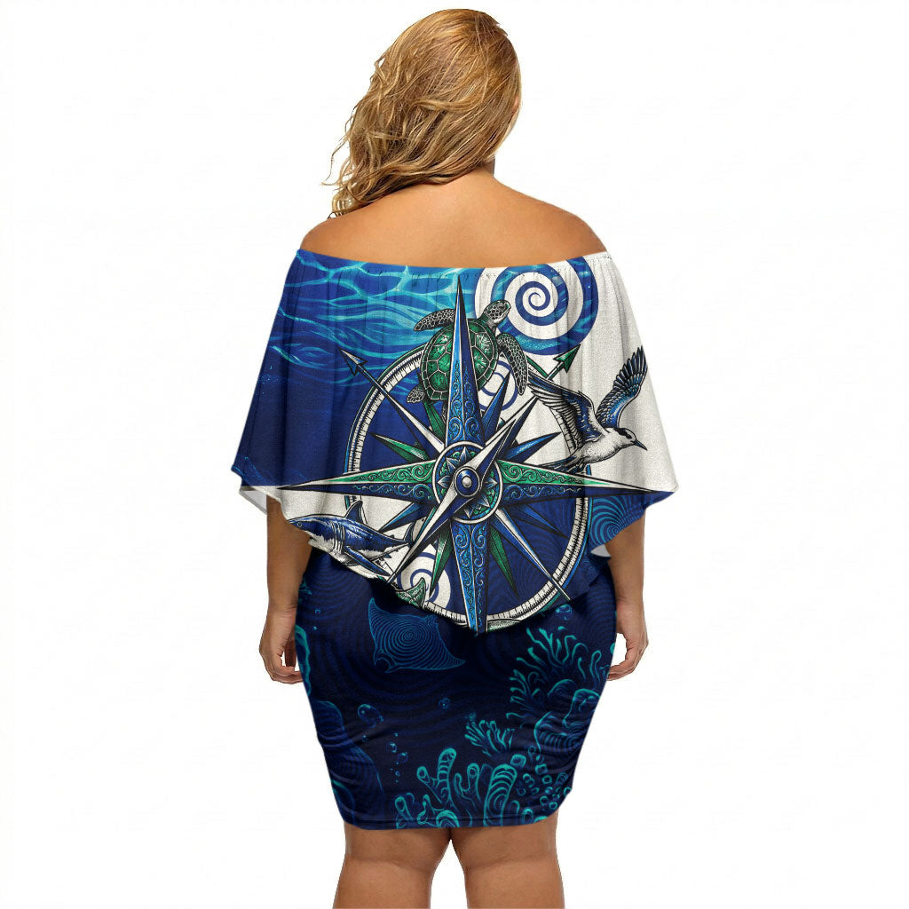 Torres Strait Islanders Nautical Compass Sea Life Off Shoulder Short Dress Indigenous Traditional Flag Pattern Tribal Marine Art