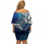 Torres Strait Islanders Nautical Compass Sea Life Off Shoulder Short Dress Indigenous Traditional Flag Pattern Tribal Marine Art