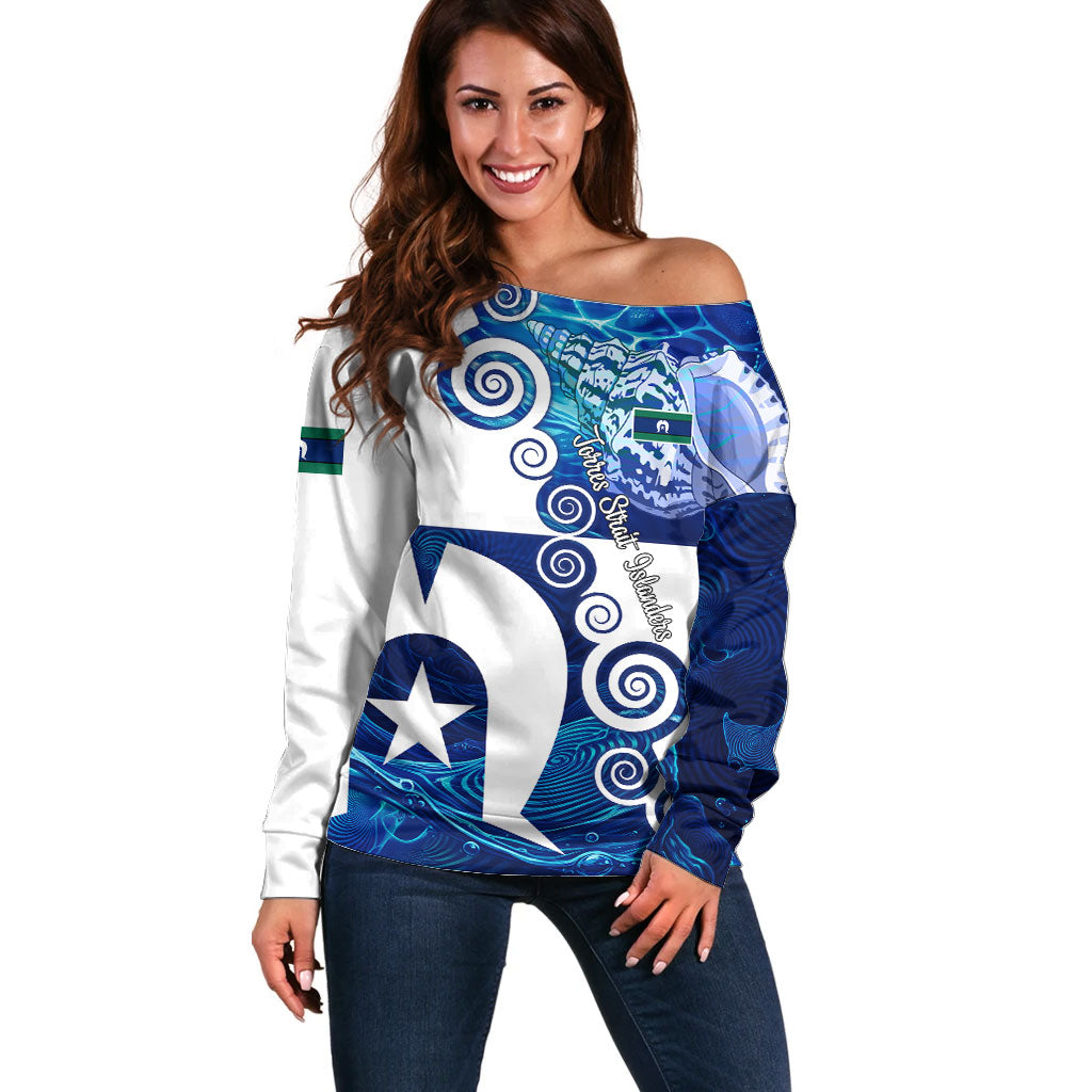 Torres Strait Islanders Nautical Compass Sea Life Off Shoulder Sweater Indigenous Traditional Flag Pattern Tribal Marine Art