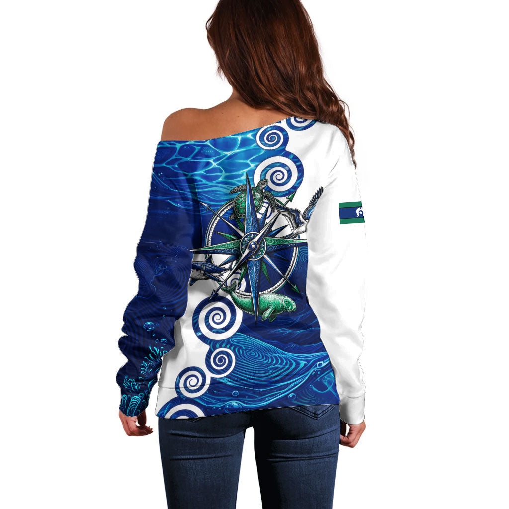 Torres Strait Islanders Nautical Compass Sea Life Off Shoulder Sweater Indigenous Traditional Flag Pattern Tribal Marine Art